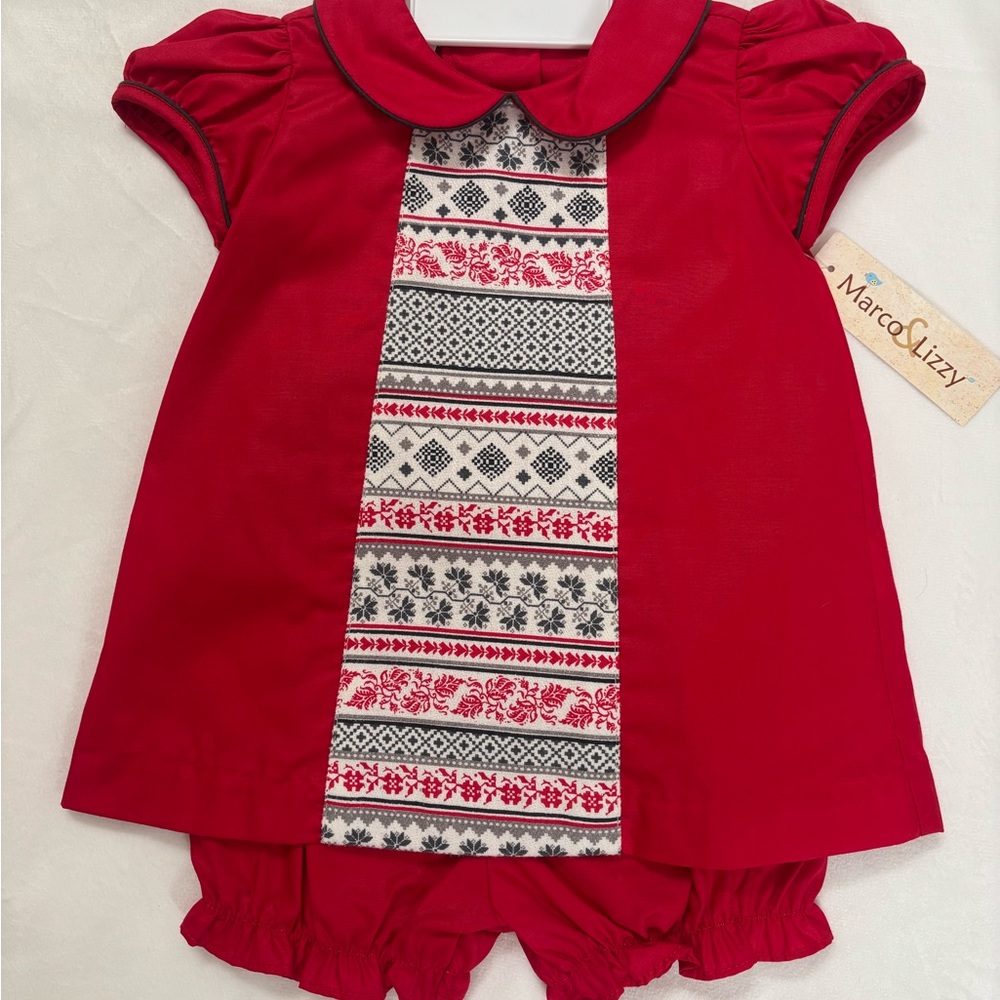 Marco & Lizzy Red Baby Dress with Patterned Panel
